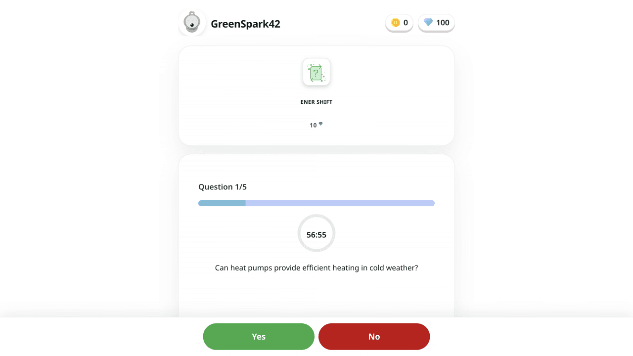 EnerWhizz quiz round showing a heat-pump question